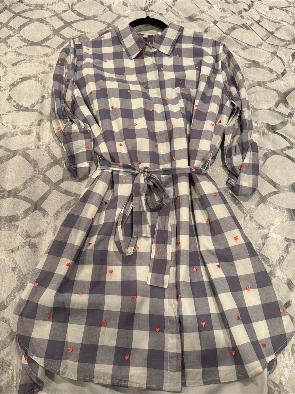 Victoria's Secret Gray and White Gingham Midi Shirt Dress with Red Heart Accents